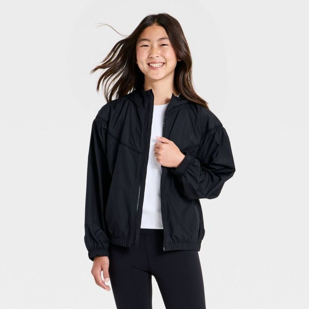 Girls' Lightweight Hooded Woven Jacket - All In Motion Black M